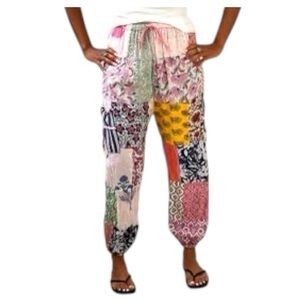 Boho Patchwork Harem Pants rayon blend elastic waist side leg pockets EUC